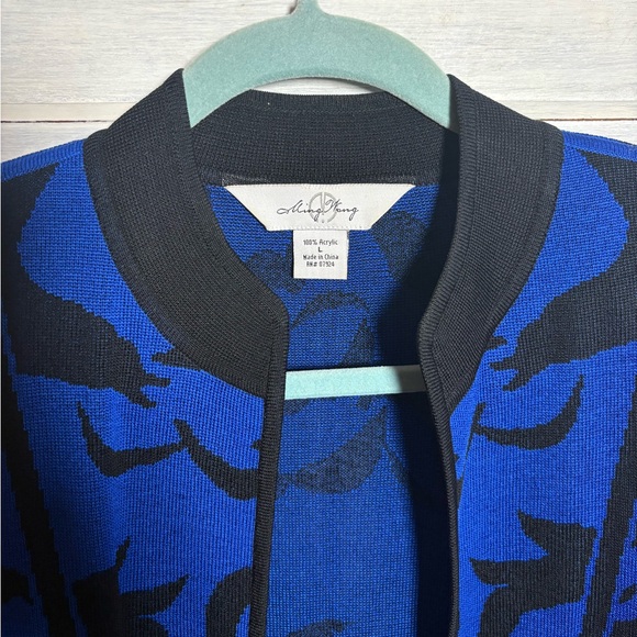 Ming Wang Blue Abstract Floral Open Cardigan Tailored Polished Elegant Luxury - Picture 5 of 6